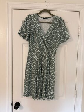 Sage Green Floral Wrap-Style Midi Dress